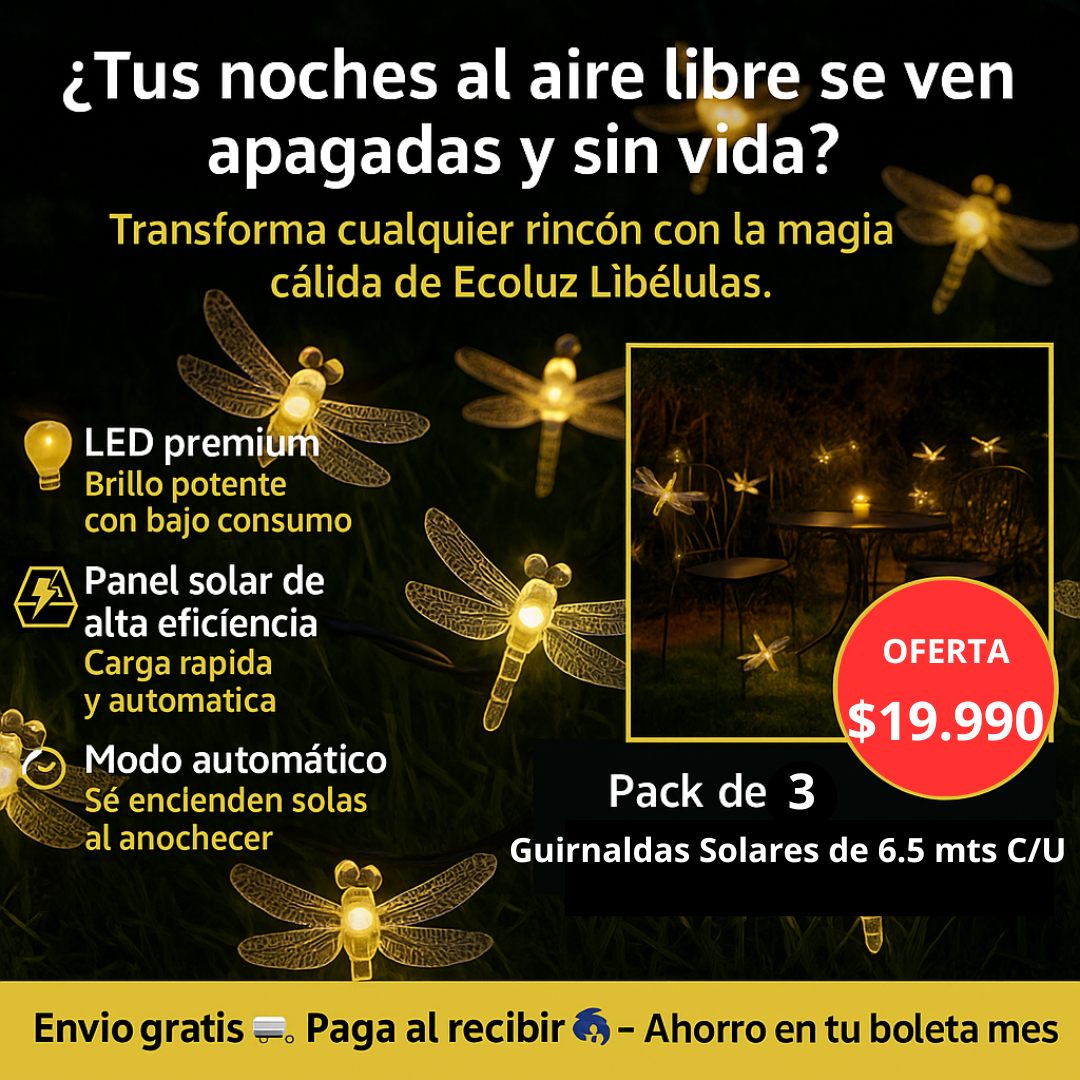 EcoLuz Libélula – Pack de 3 Guirnaldas Solares 19,5 m · luz LED · Iluminación Exterior Mágica