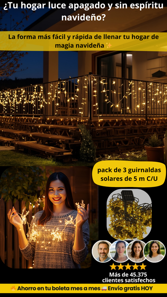 Pack de 3 guirnaldas solares de renos: sostenibles, hermosas y automáticas.