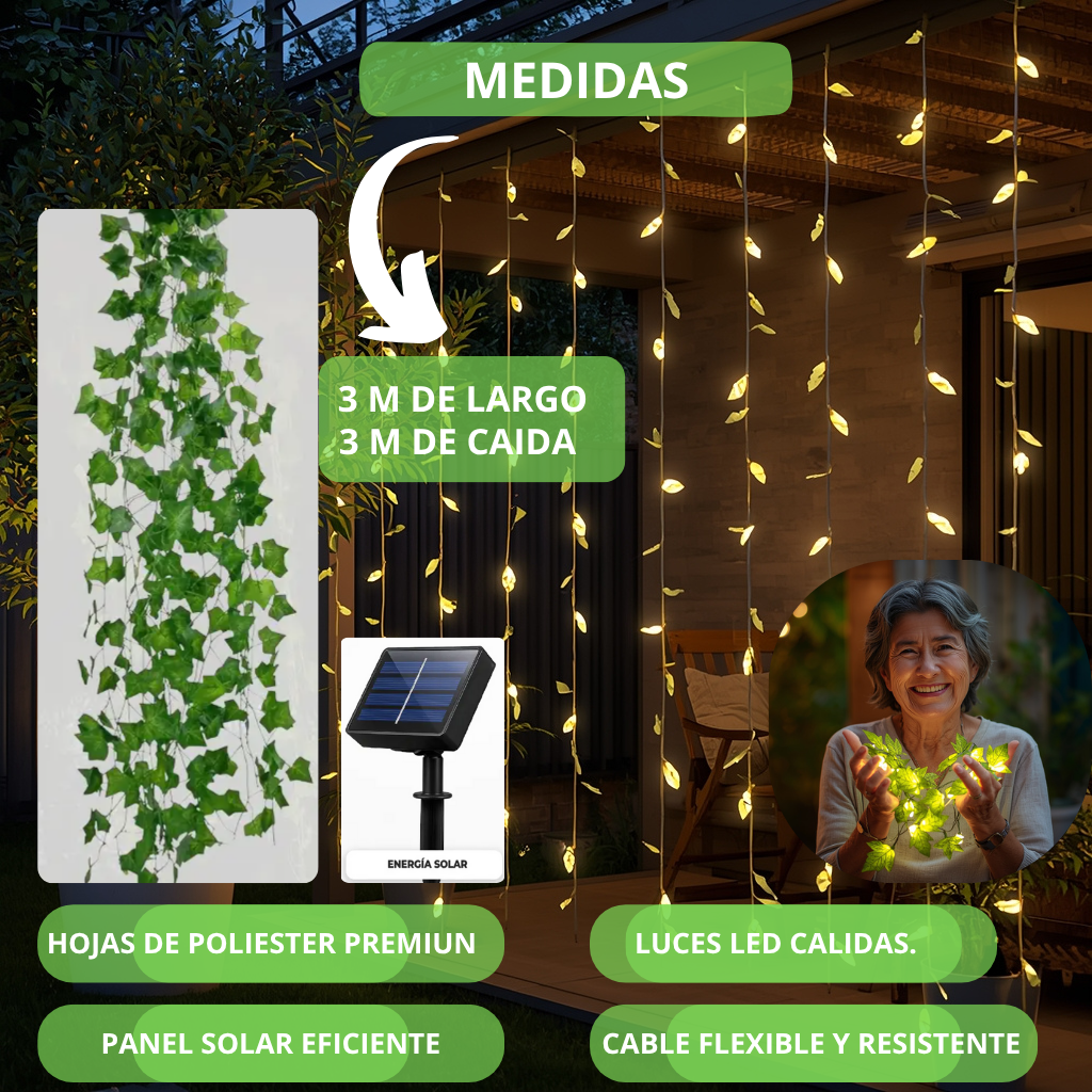 Guirnalda Solar de Hojas  3x3 m / Luz Cálida | Ilumina tu hogar gratis 🌿☀️
