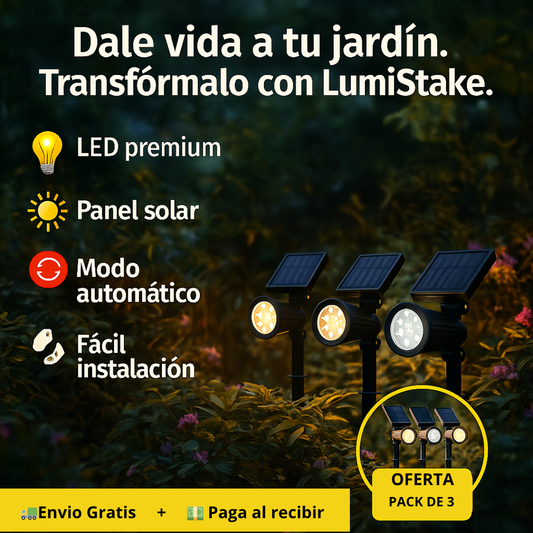 LumiStake transforma tu jardín con luz solar. Pack de 3 unidades.